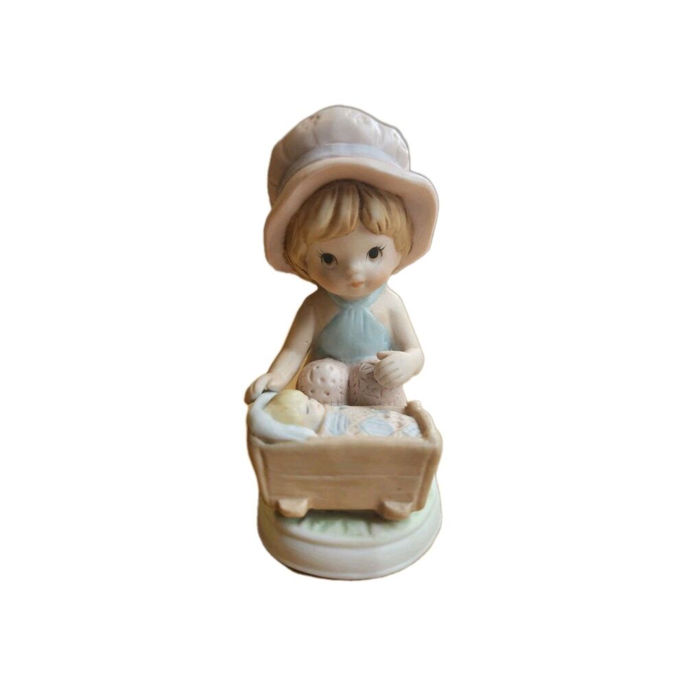 Lefton Child And Baby Figurine Hand Painted Cradle Pastel Ceramic 2 In X 3 In
